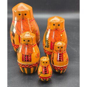 Vintage Russian Folklore Wooden Nesting Dolls Set Orange & Red CR2039